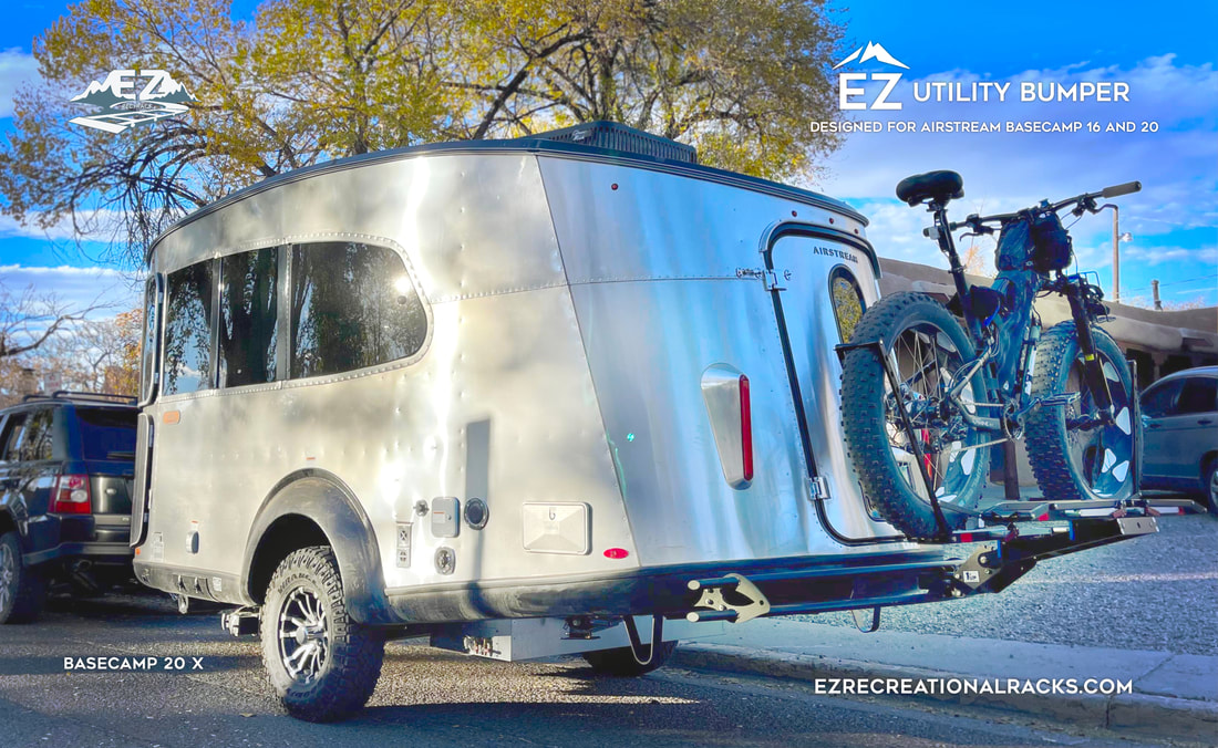 Airstream Basecamp 20 with the EZ Utility Bumper and bike carrier.